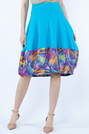 Fuste din Bumbac - Fusta turcoaz din jerseu, midi, tip lalea, cu imprimeu la poale