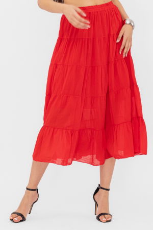 Fuste din Bumbac - Fusta cu volane, din batist de bumbac, rosie