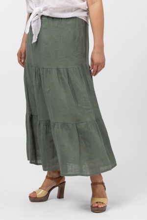 Îmbrăcăminte - Fusta din in cu volane si siret in talie, kaki