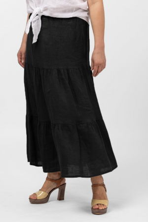 Fuste din In - Fusta din in cu volane si siret in talie, neagra