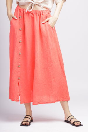 Fuste din In - Fusta din in corai cu nasturi decorativi pe o parte