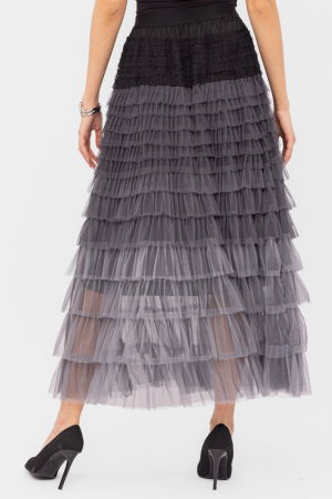 Fusta maxi din tulle, cu volane suprapuse, in degrade gri-negru [1]