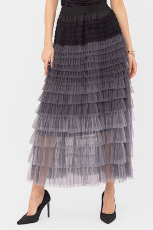 Fuste - Fusta maxi din tulle, cu volane suprapuse, in degrade gri-negru