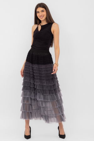 Fusta maxi din tulle, cu volane suprapuse, in degrade gri-negru [2]