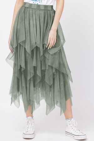 Fuste Casual - Fusta din tulle, in straturi inegale, lunga, kaki