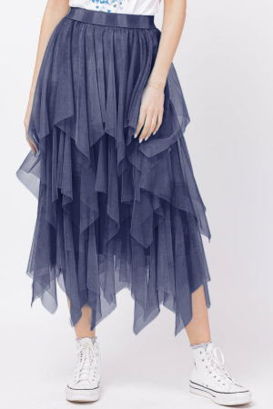 Fuste Casual - Fusta din tulle, in straturi inegale, lunga, bleumarin