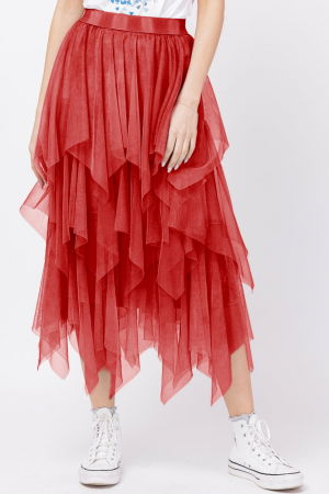 Fuste - Fusta din tulle, in straturi inegale, lunga, rosie