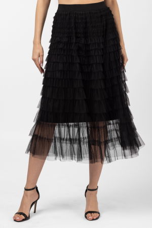 Fuste Casual - Fusta din tulle, cu volane in straturi, lunga, neagra