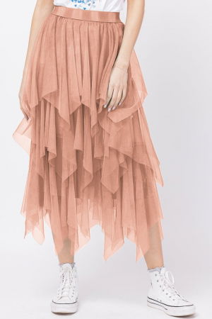 Fuste - Fusta din tulle, in straturi inegale, lunga, roz prafuit