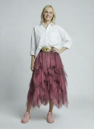 NOU IN SHOPIKA - Fusta din tulle, in straturi inegale, lunga, bordo