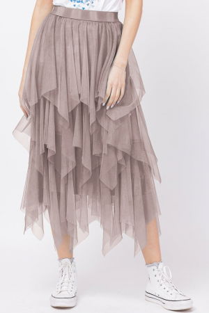 Fuste - Fusta din tulle, in straturi inegale, lunga, bej inchis