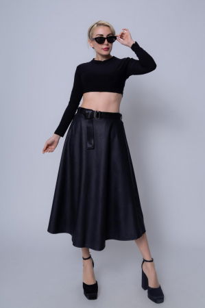 Fuste Casual - Fusta neagra eleganta din piele ecologica vatuita, cu curea