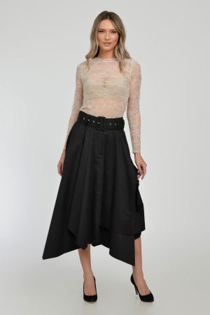 Fuste Casual - Fusta eleganta, neagra, in colturi, cu falduri din bumbac satinat