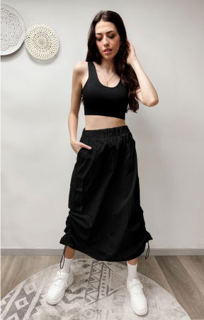 Fuste Casual - Fusta neagra fancy cu buzunare cargo si snururi laterale