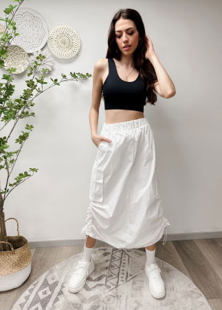 Fuste - Fusta alba fancy cu buzunare cargo si snururi laterale