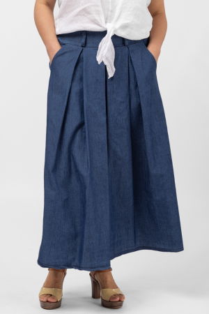 Fuste din Bumbac - Fusta denim cu pense, albastru jeans inchis