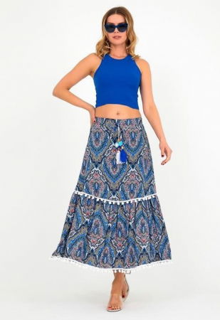 Îmbrăcăminte - Fusta ampla cu volan, din vascoza, cu imprimeu oriental albastru