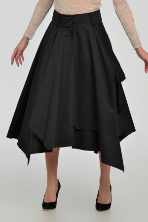 Fusta eleganta, neagra, in colturi, cu falduri din bumbac satinat [6]