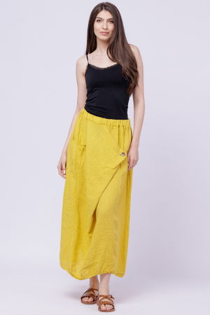 Îmbrăcăminte - Fusta larga din in cu un colt prins, galbena