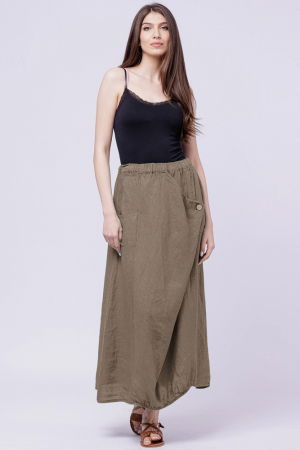 Îmbrăcăminte - Fusta larga din in cu un colt prins, bej inchis