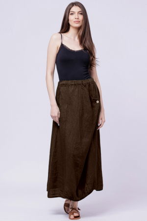 Fuste masuri mari - Fusta larga din in cu un colt prins, maron inchis