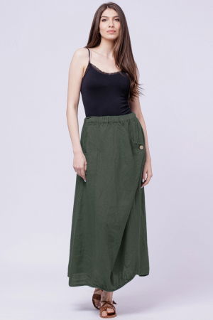 Fuste din In - Fusta larga din in cu un colt prins, kaki