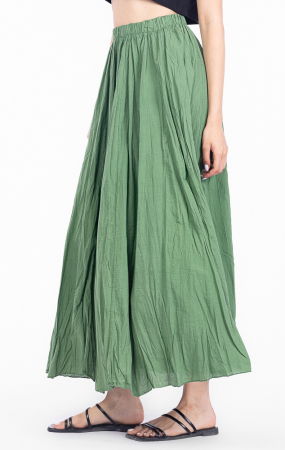 Fusta lunga, ampla, clos, din bumbac creponat, verde kaki deschis [1]