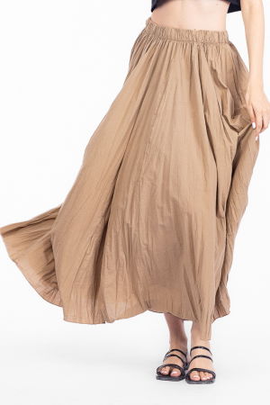 Fuste din Bumbac - Fusta lunga, ampla, clos, din bumbac creponat, camel