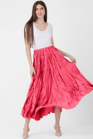 Fuste Casual - Fusta lunga, ampla, creponata, lucios-satinata, fucsia deschis