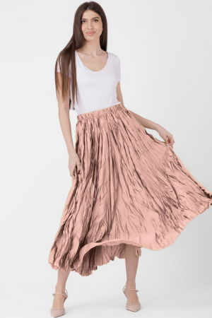 Fuste Casual - Fusta lunga, ampla, creponata, lucios-satinata, roz prafuit
