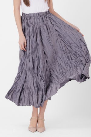 Fuste - Fusta lunga, ampla, creponata, lucios-satinata, gri