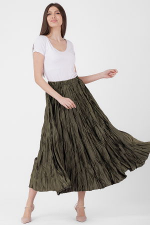 Fusta lunga, ampla, creponata, lucios-satinata, kaki [1]