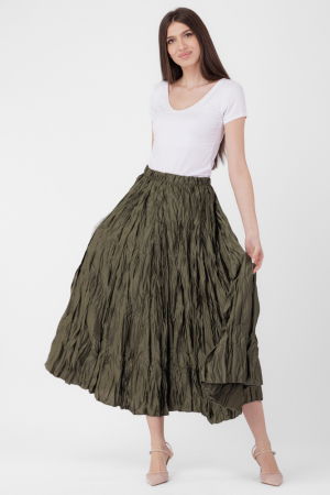 Fuste Casual - Fusta lunga, ampla, creponata, lucios-satinata, kaki