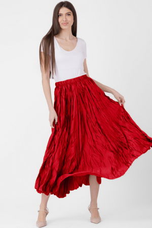 Fuste - Fusta lunga, ampla, creponata, lucios-satinata, rosie