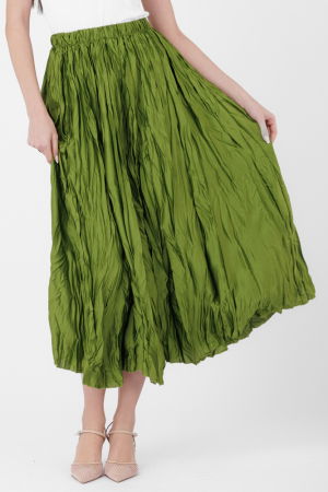Fuste Casual - Fusta lunga, ampla, creponata, lucios-satinata, verde olive