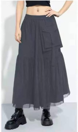 Fuste Casual - Fusta lunga cu insertie de tulle si buzunar aplicat, gri