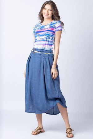 Fusta lunga albastru jeans cu poale prinse, din in, cu o curea fancy