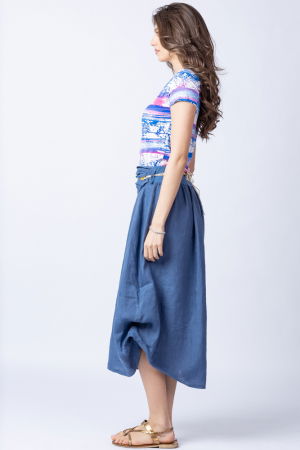 Fusta lunga albastru jeans cu poale prinse, din in, cu o curea fancy [2]