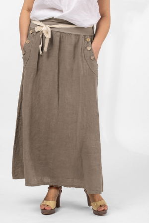 Fuste din In - Fusta lunga casual bej inchis, din in, cu nasturi de lemn la buzunare