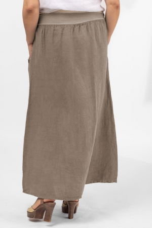 Fusta lunga casual bej inchis, din in, cu nasturi de lemn la buzunare [2]
