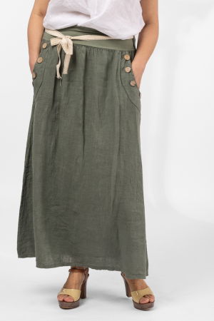 Fuste din In - Fusta lunga casual, kaki, din in, cu nasturi de lemn la buzunare