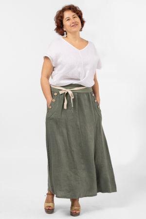Fusta lunga casual, kaki, din in, cu nasturi de lemn la buzunare [3]