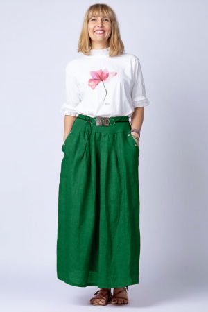 Fuste din In - Fusta lunga casual, verde intens, din in, cu o curea fancy