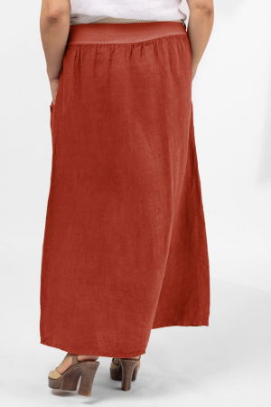 Fusta lunga casual caramizie, din in, cu nasturi de lemn la buzunare [2]