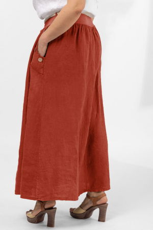 Fusta lunga casual caramizie, din in, cu nasturi de lemn la buzunare [1]