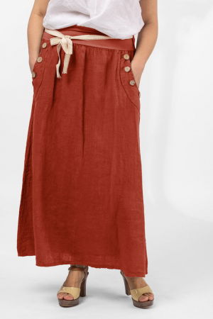 Fuste masuri mari - Fusta lunga casual caramizie, din in, cu nasturi de lemn la buzunare