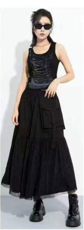 Fusta lunga cu insertie de tulle si buzunar aplicat, neagra [1]