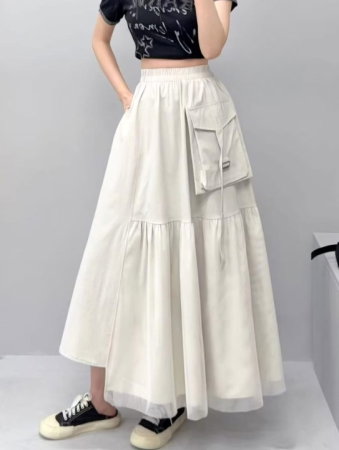 Fuste Casual - Fusta lunga cu insertie de tulle si buzunar aplicat, bej