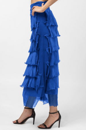 Fusta lunga cu volane suprapuse, din matase si vascoza, albastra [1]