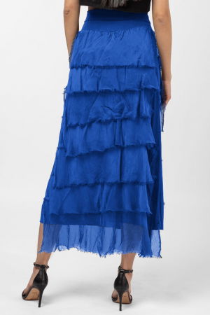 Fusta lunga cu volane suprapuse, din matase si vascoza, albastra [2]